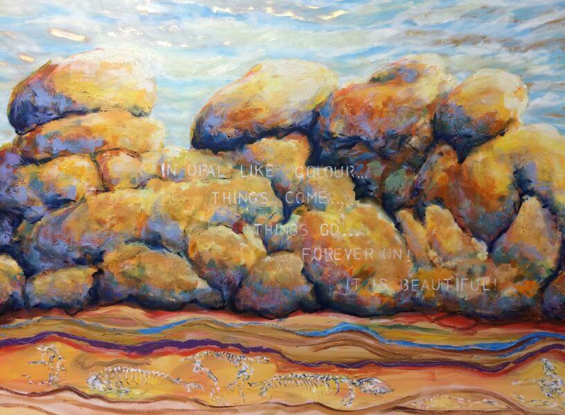 Finalist in 2016 Pt Pirie Art Prize, Devils Marbles - Opal Rocks, Oil and Gold Leaf on Canvas painted by Philip David